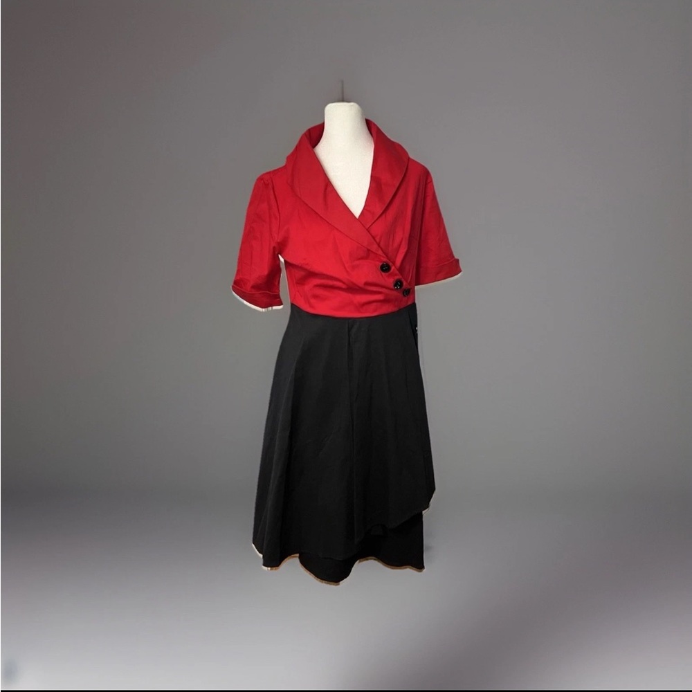 Retro Swing Dress Red Black L Collared V Neck Half Sleeve 50s Rockabilly Pin Up